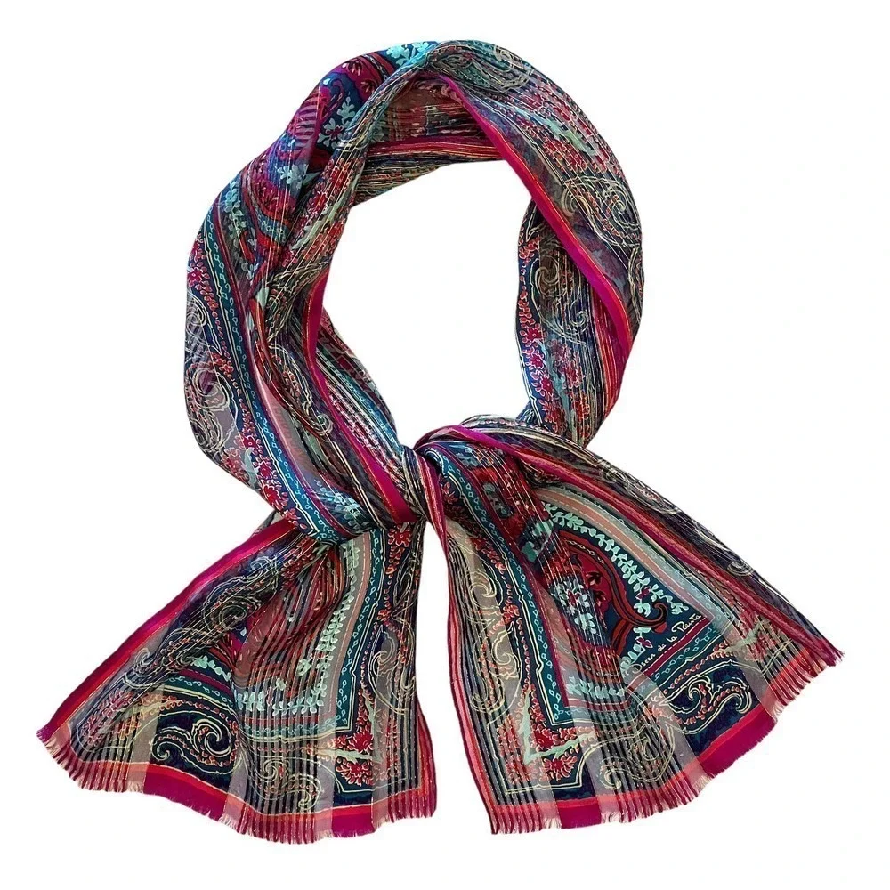 Oscar de la Renta Vintage Paisley Metallic Gold Silk Fringe Long Scarf
